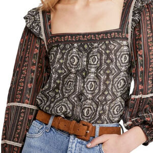 Free People Mostly Meadow Blouse black combo dainty floral peasant top sz medium